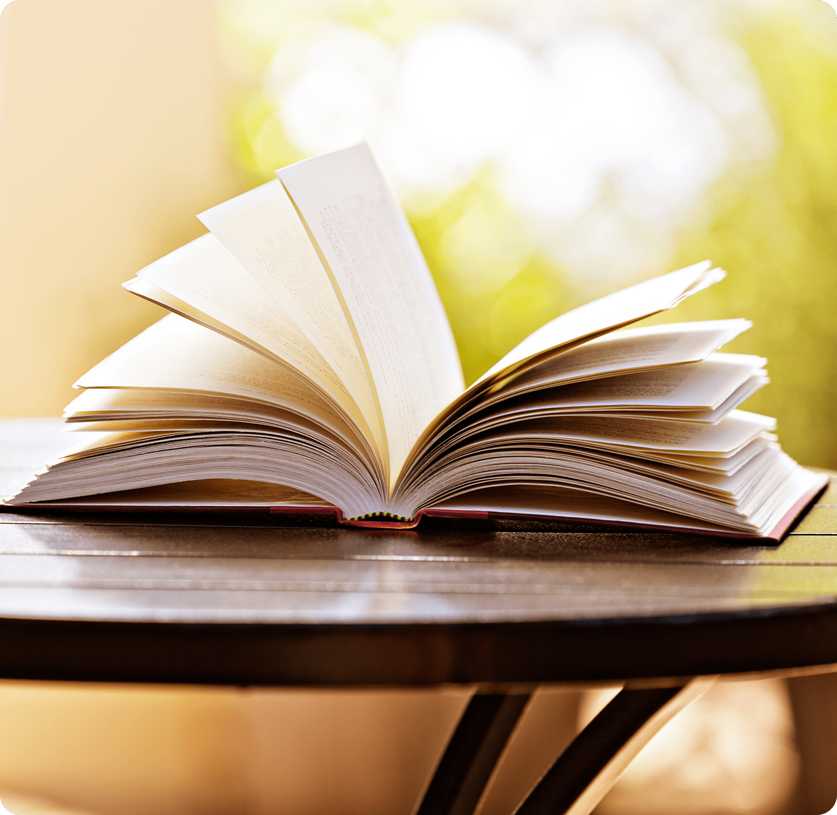 Open book on a wooden table.