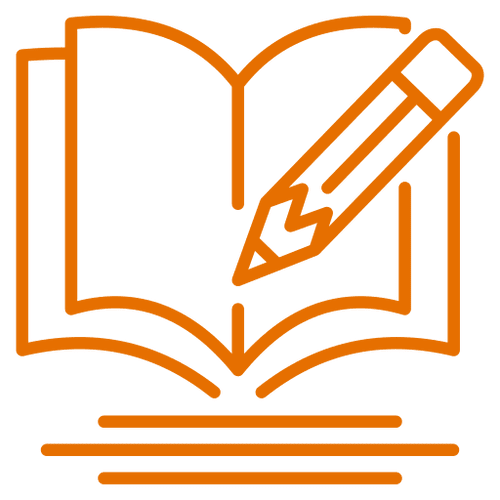 Open book and pencil icon, orange outline.